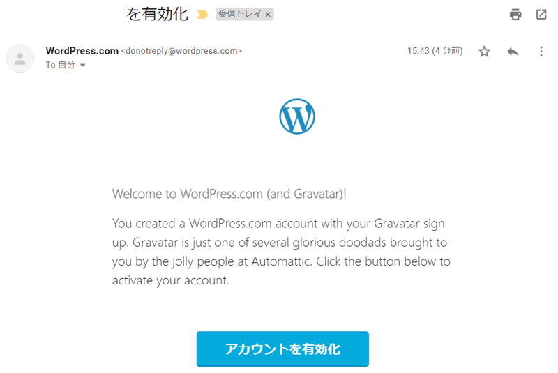 WordPressでプロフィールを表示21_Gravatarからメールで「アカウントを有効化」ボタンをクリック